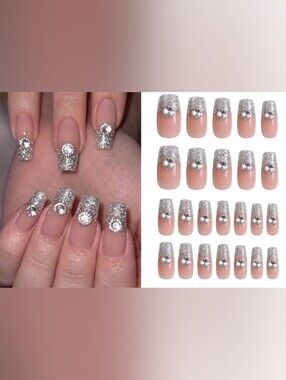 2/$20 Boop Nails Custom Pink Silver Glitter Rhinestone Press-On Nails Set